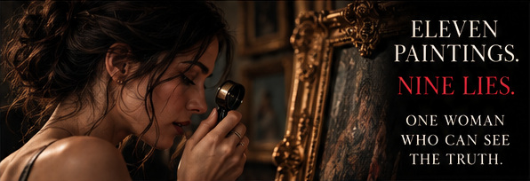 A woman studies a gilded painting through a loupe: Eleven paintings. Nine lies. One woman who can see the truth.